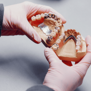 Dentista segurando uma Prótese dentária